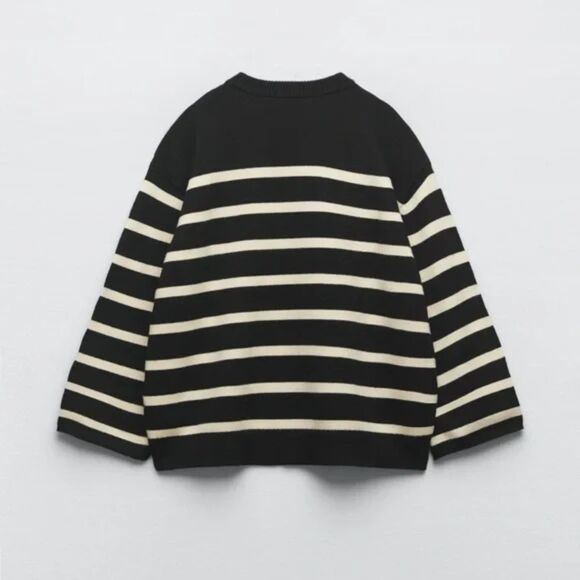 Black White Striped Zara Button Sleeve Round Neck Pullover Knit Sweater (NWT) - Picture 4 of 6